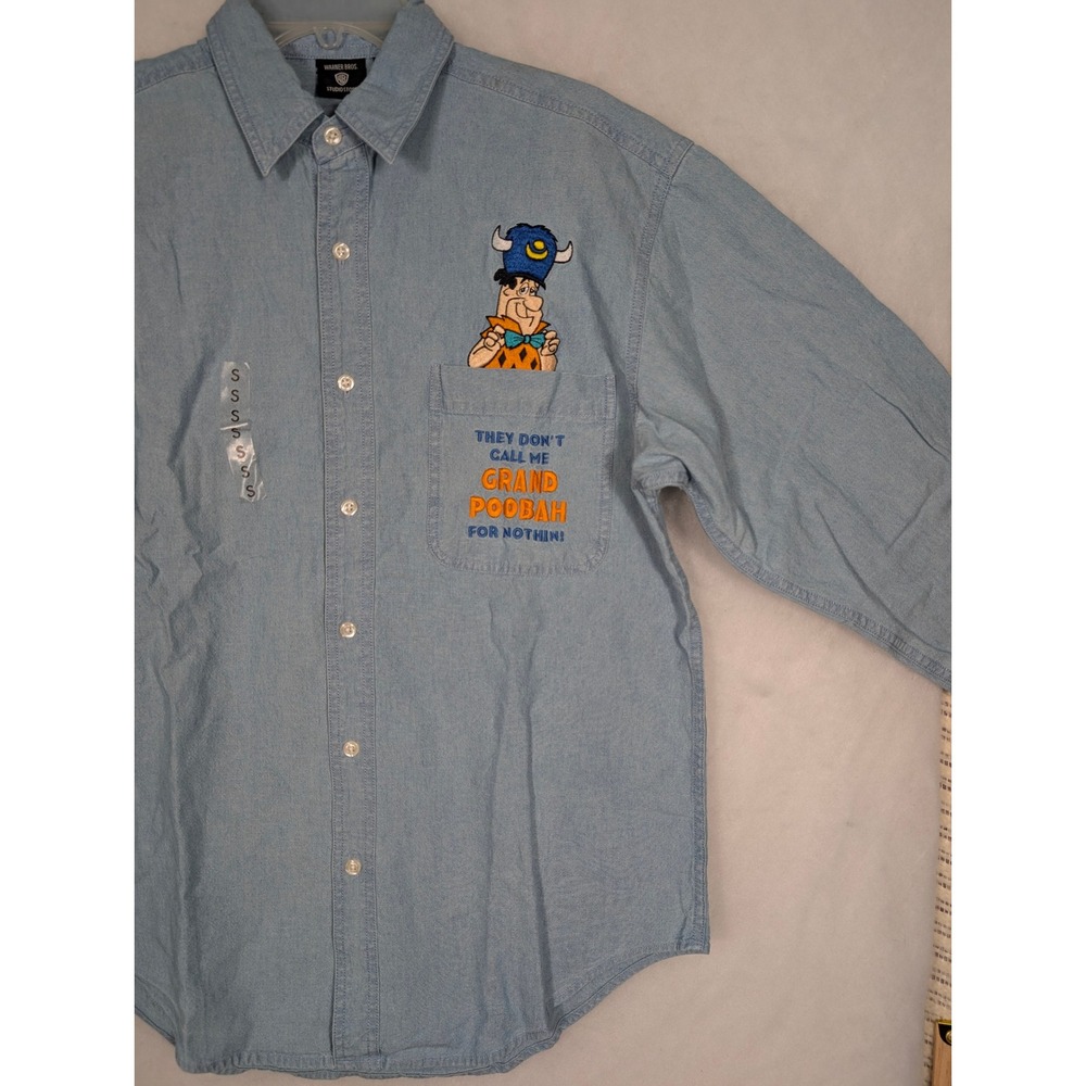 NWT Vintage S Warner Bros Fred Flintstone Grand Poobah Denim Shirt Men's Cartoon - Picture 3 of 6